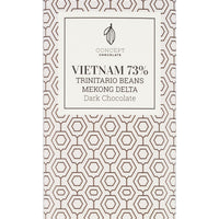 Tableta Vietnam 73%, chocolate amargo, granos Trinitario, cacao ácido, cítricos, madera, tabaco, tienda online Shopify.